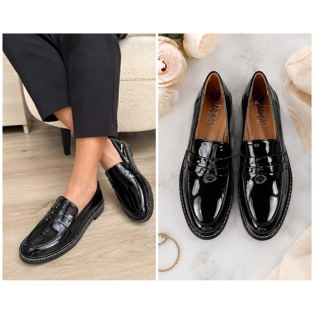 Franco Sarto Carol Loafer Women 8.5 Black Patent Lug Sole Penny Slip On Shoe